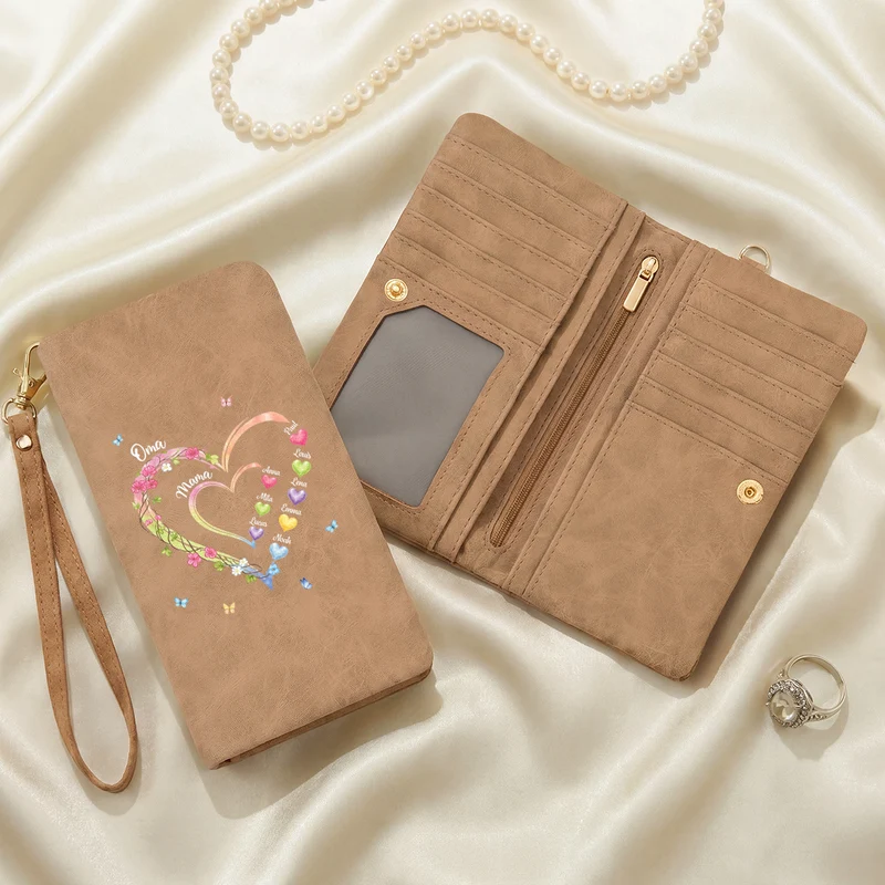Oma Mama Kinder Herzen Kletterpflanze Blüten - Personalisiertes Geschenk | Wristlet Geldbörse
