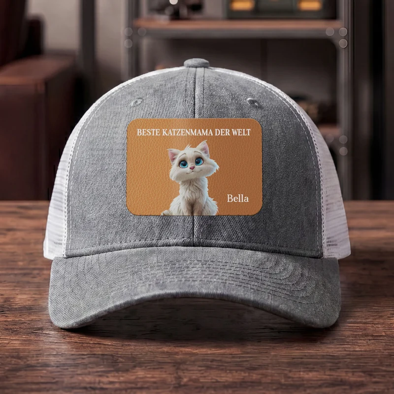 Bester Katzenpapa Der Welt - Personalisierte Geschenke Katze | Cap Mit Lederpatch