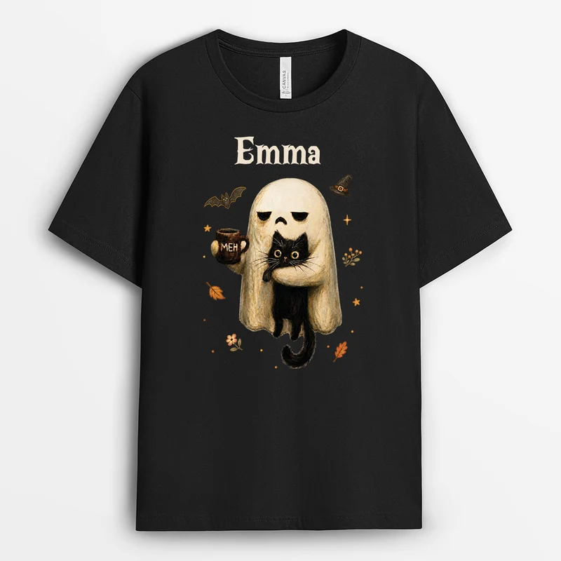 Niedlicher Geist Umarmt Schwarze Katze - Personalisiertes Geschenk | Shirt Halloween Damen Männer Schwarz