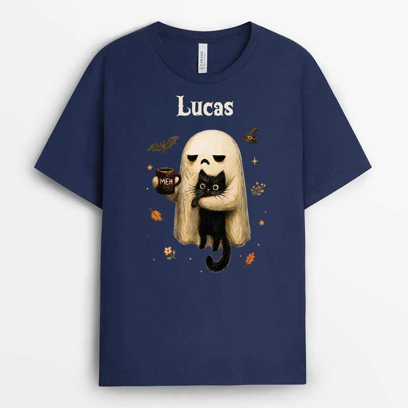 Niedlicher Geist Umarmt Schwarze Katze - Personalisiertes Geschenk | Shirt Halloween Damen Männer Schwarz