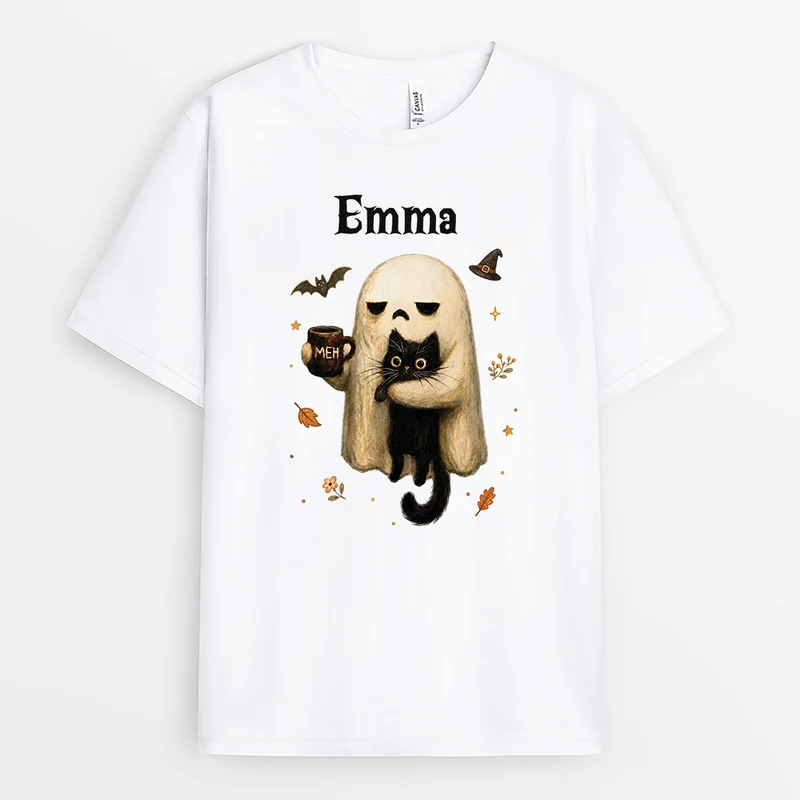 Niedlicher Geist Umarmt Schwarze Katze - Personalisiertes Geschenk | Shirt Halloween Damen Männer Weiß