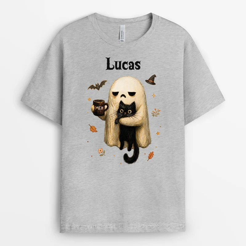 Niedlicher Geist Umarmt Schwarze Katze - Personalisiertes Geschenk | Shirt Halloween Damen Männer Weiß