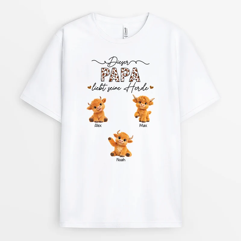 Dieser Papa Liebt Seine Herde - Personalisiertes Geschenk | Mama Papa Shirt Schottisches Hochlandrind