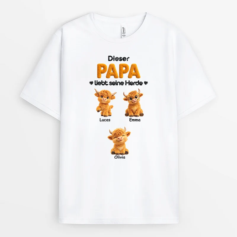 [3D-Optik] Dieser Papa Liebt Seine Herde - Personalisiertes Geschenk | Mama Papa Shirt Schottisches Hochlandrind