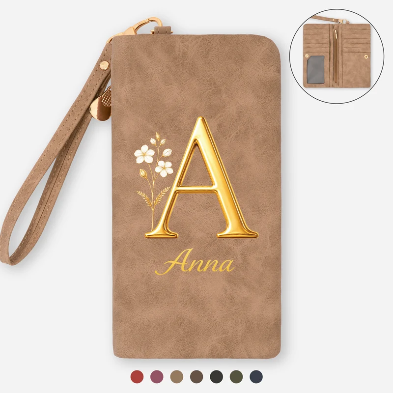 Alphabet Name + Geburtsmonat Blume - Personalisierte Geschenke Für Frauen | Wristlet Geldbörse Gold