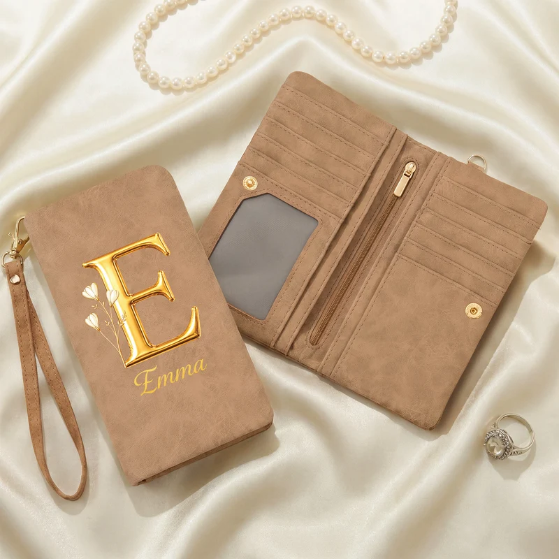 Alphabet Name + Geburtsmonat Blume - Personalisierte Geschenke Für Frauen | Wristlet Geldbörse Gold