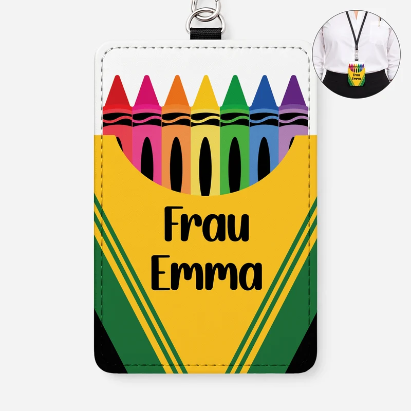 Lehrer + Buntstifte - Personalisiertes Geschenk | Leder Ausweishalter Mit Band