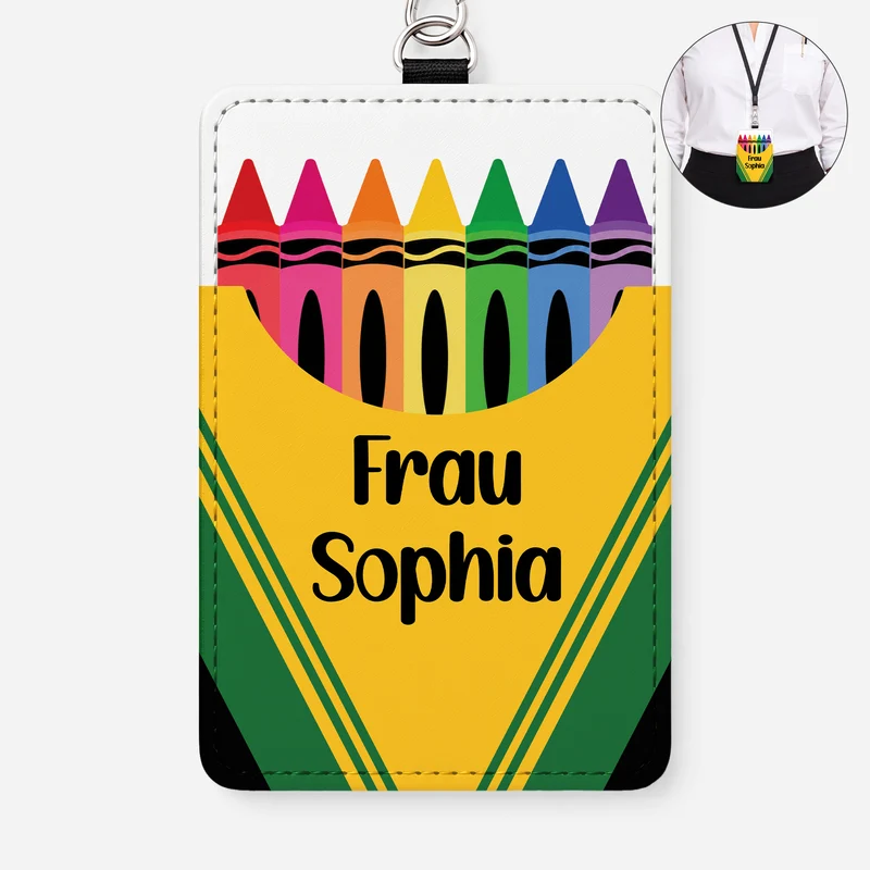 Lehrer + Buntstifte - Personalisiertes Geschenk | Leder Ausweishalter Mit Band