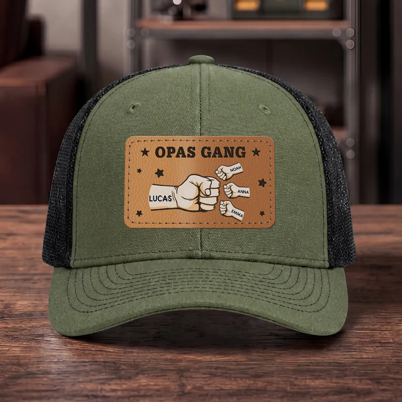 [3D-Optik] Papas Gang Zeiten Faustgruss - Personalisiertes Geschenk | Cap Mit Lederpatch Papa Opa