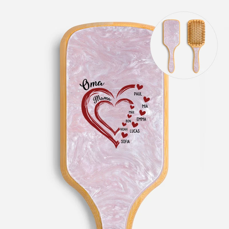 Oma Mama & Kinder Herzen - Personalisiertes Geschenk | UV Druck Acetat & Holz Haarbürste