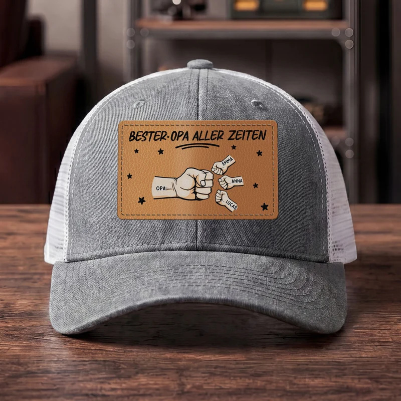 [3D-Optik] Bester Papa Aller Zeiten Faustgruss - Personalisiertes Geschenk | Cap Mit Lederpatch Papa Opa