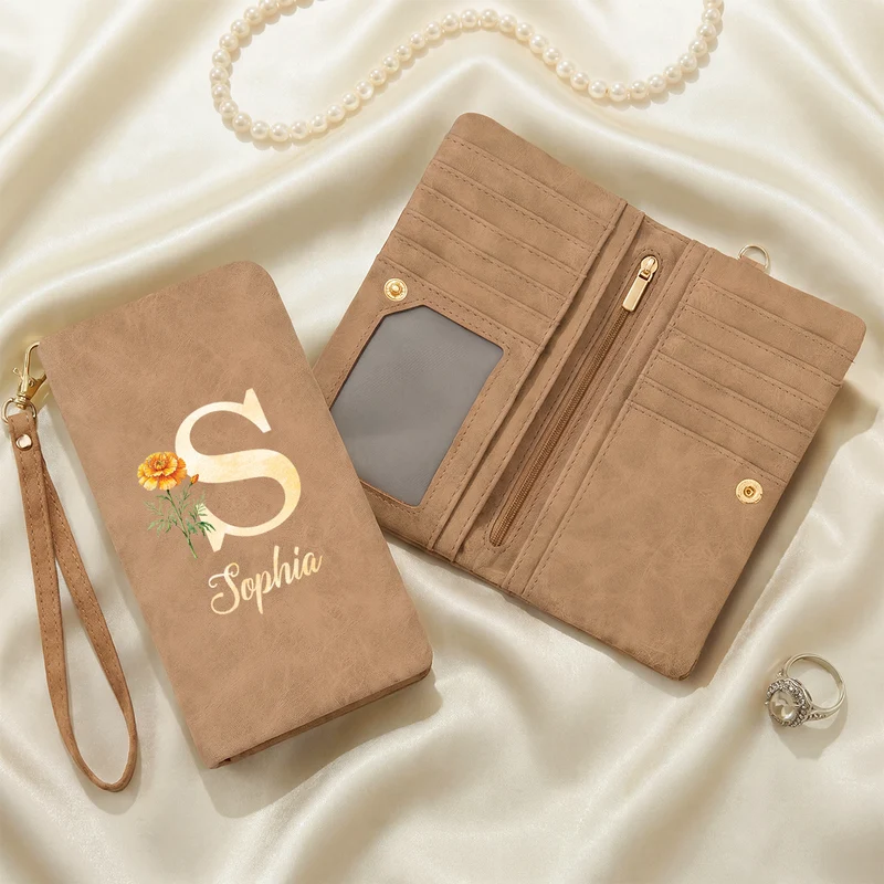 Alphabet Name + Geburtsmonat Blume - Personalisierte Geschenke Für Frauen | Wristlet Geldbörse