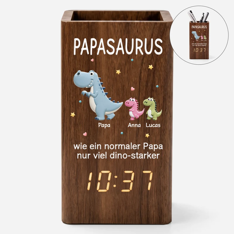 Papasaurus - Personalisiertes Geschenk | Stiftehalter Mit Uhr Papa Mama Oma Opa Dino