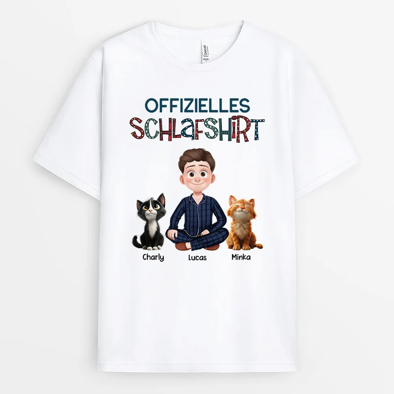 Offizielles Schlafshirt Katze - Personalisierte Geschenke Katze | T Shirt Cartoon Pünktchenmuster