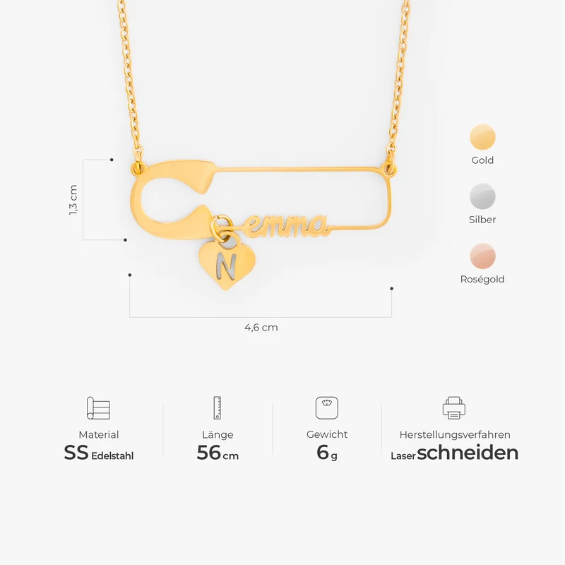 Sicherheitsnadel Mit Namen - Personalisiertes Geschenk | Halskette Damen & Männer