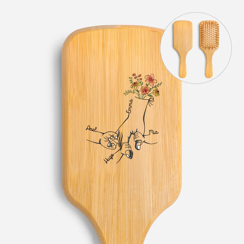 Hand In Hand Blumen - Personalisiertes Geschenk | UV Druck Bambus Haarbürste Oma/Mama