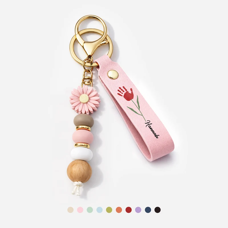 Name + Handabdruck - Personalisiertes Geschenk Garten | UV Druck Daisy Schlüsselanhänger Perlen Mama/Oma