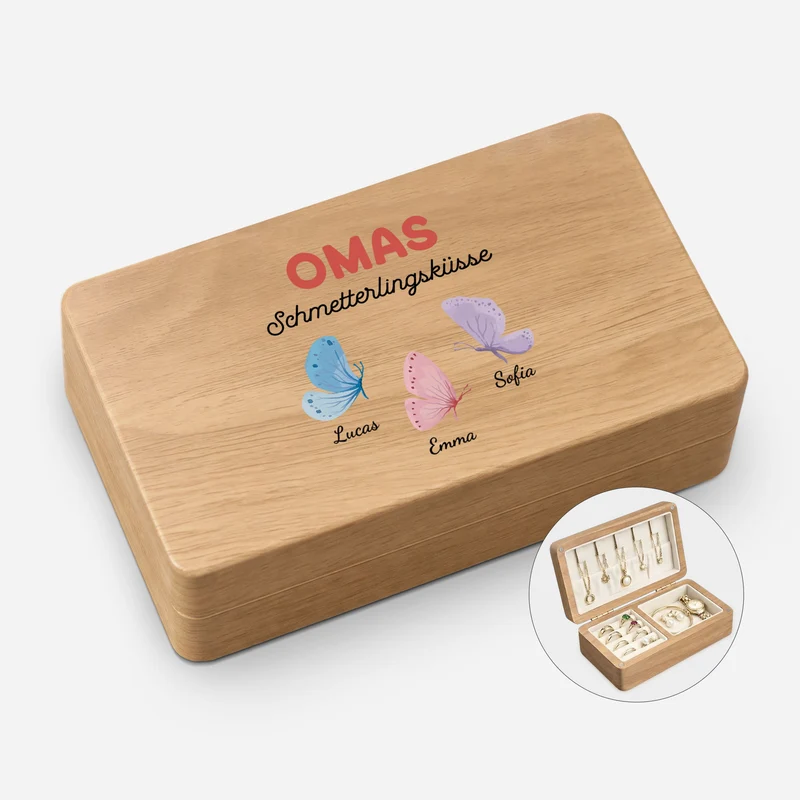 Omas Schmetterlingsküsse - Personalisiertes Geschenk | Schmuckkästchen Holz Oma/Mama
