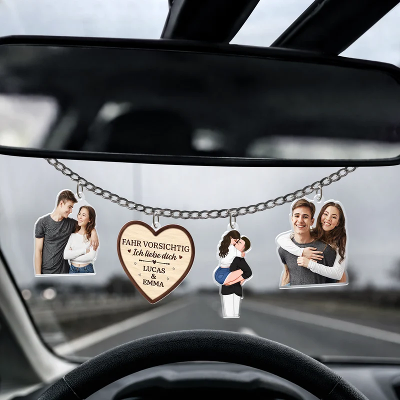 Fahr Vorsichtig Ich Liebe Dich - Personalisierte Geschenke Paare | Acryl Autospiegel Anhänger Foto