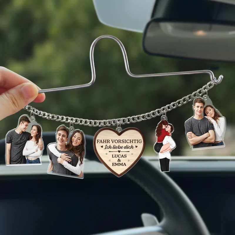 Fahr Vorsichtig Ich Liebe Dich - Personalisierte Geschenke Paare | Acryl Autospiegel Anhänger Foto