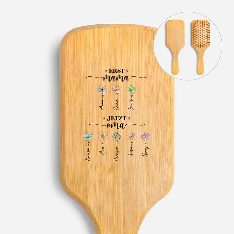 Erst Mama Jetzt Oma - Personalisiertes Geschenk | UV Druck Bambus Haarbürste Oma/Mama Blumen