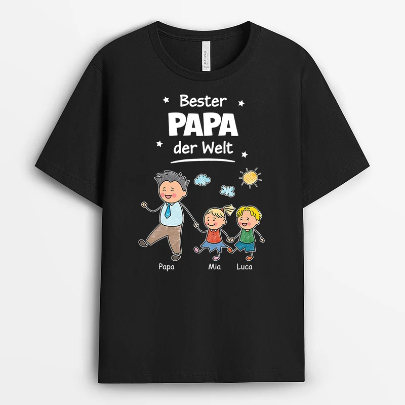 Bester Papa Der Welt Strichmännchen - Personalisiertes Geschenk | Schwarzes T Shirt Papa