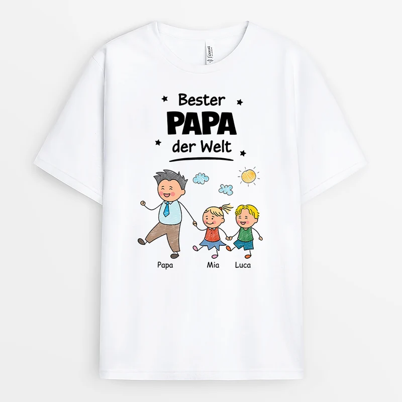 Bester Papa Der Welt Strichmännchen - Personalisiertes Geschenk | Weißes T Shirt Papa