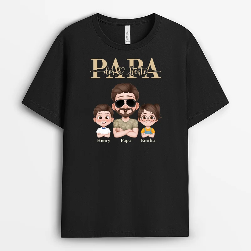 Der Beste Papa Cartoon Armeemuster - Personalisiertes Geschenk | Schwarzes T Shirt Papa