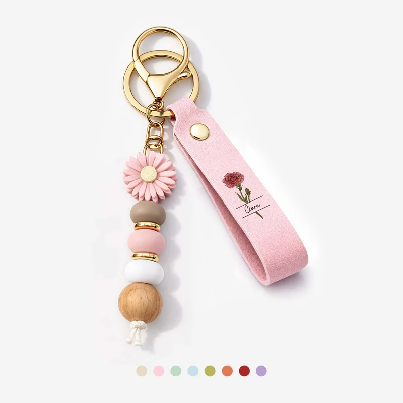 Name + Blume - Personalisiertes Geschenk | UV Druck Daisy Schlüsselanhänger Perlen Mama/Oma