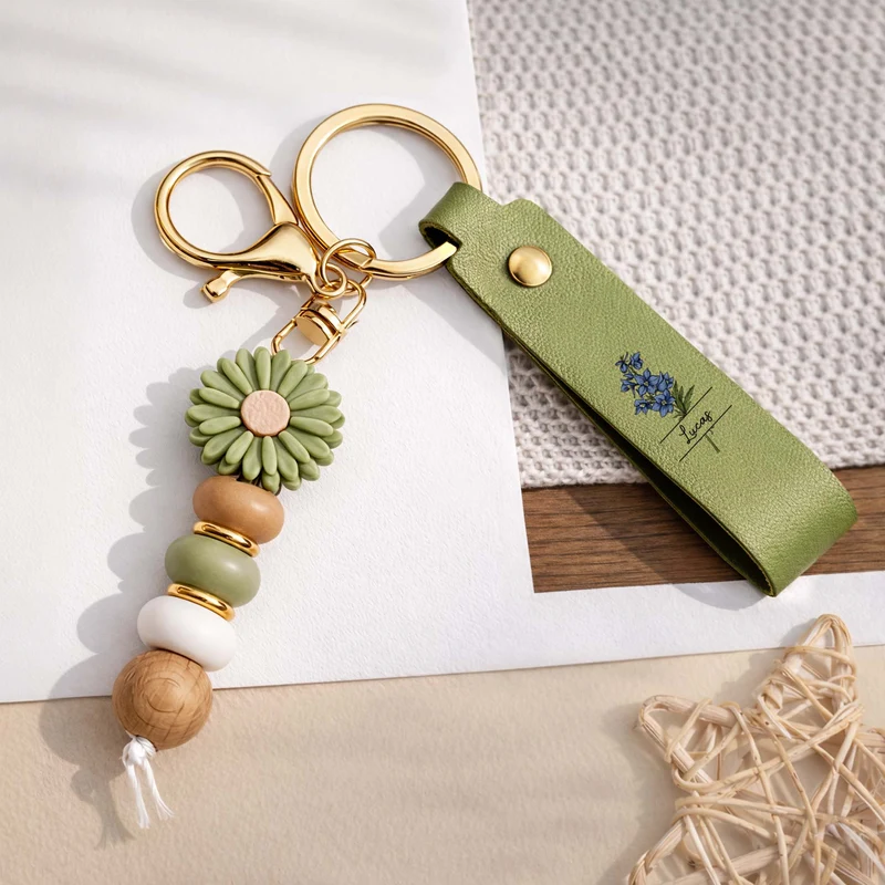 Name + Blume - Personalisiertes Geschenk | UV Druck Daisy Schlüsselanhänger Perlen Mama/Oma