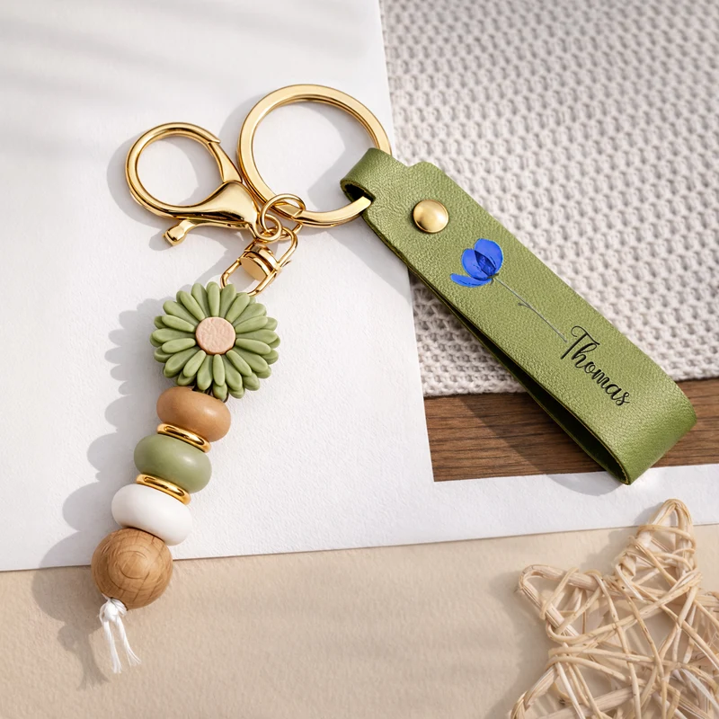 Name + Blume - Personalisiertes Geschenk Garten | UV Druck Daisy Schlüsselanhänger Perlen Oma