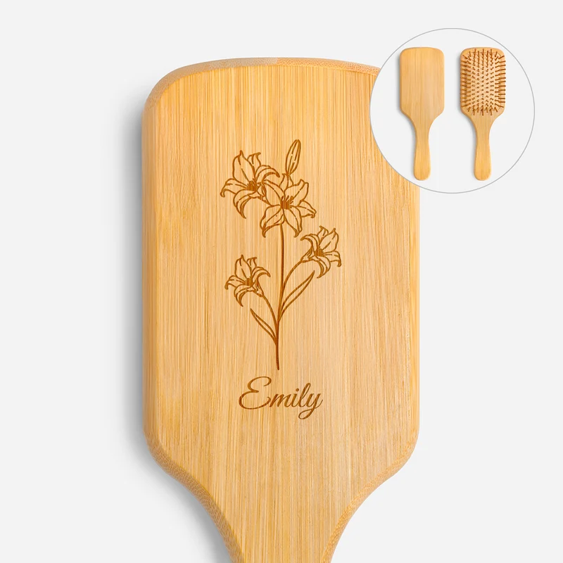 Name & Blume - Personalisierte Geschenke Für Frauen | Bambus Haarbürste Mit Gravur