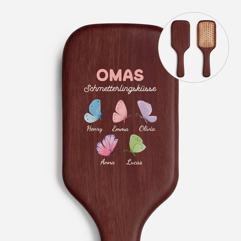 Omas Schmetterlingsküsse - Personalisierte Geschenke Oma | UV Druck Sandelholz Haarbürste