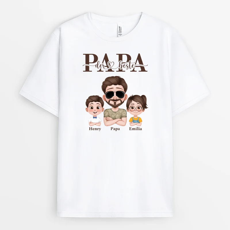 Der Beste Papa Cartoon Armeemuster - Personalisiertes Geschenk | Weißes T Shirt Papa