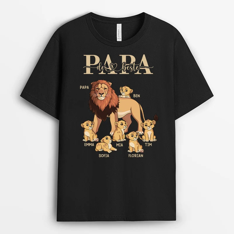 Papa Löwe - Personalisiertes Geschenk | Schwarzes T Shirt Papa