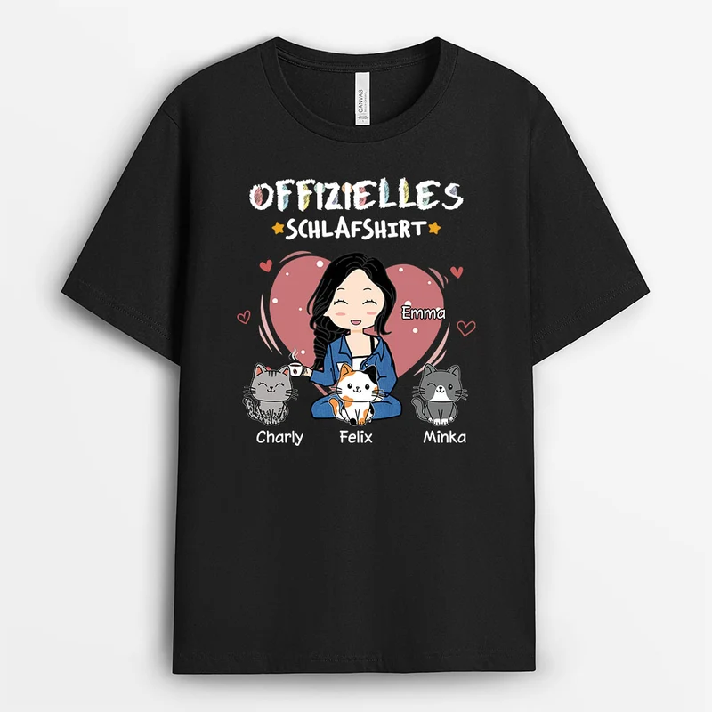 Offizielles Schlafshirt - Personalisierte Geschenke Für Frauen | Dunkles Schlafshirt Katze Chibi Buntstifte