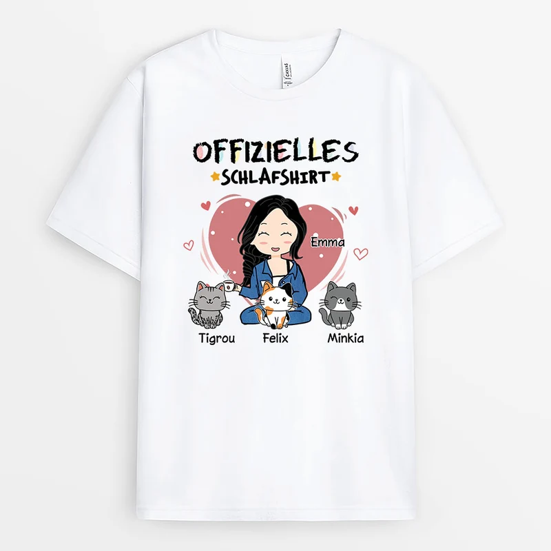 Offizielles Schlafshirt - Personalisierte Geschenke Für Frauen | Helles Schlafshirt Katze Chibi Buntstifte
