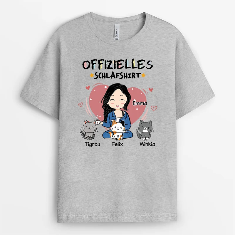 Offizielles Schlafshirt - Personalisierte Geschenke Für Frauen | Helles Schlafshirt Katze Chibi Buntstifte
