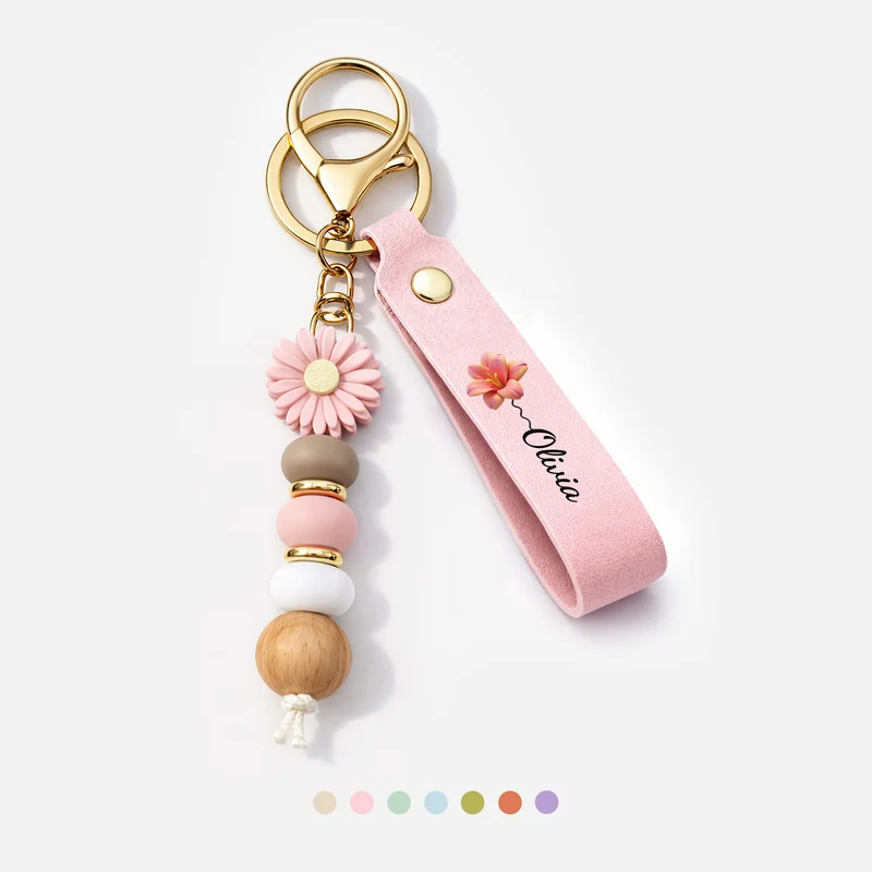 Name Und Blume - Personalisierte Geschenke Für Frauen | UV Druck Daisy Schlüsselanhänger Perlen
