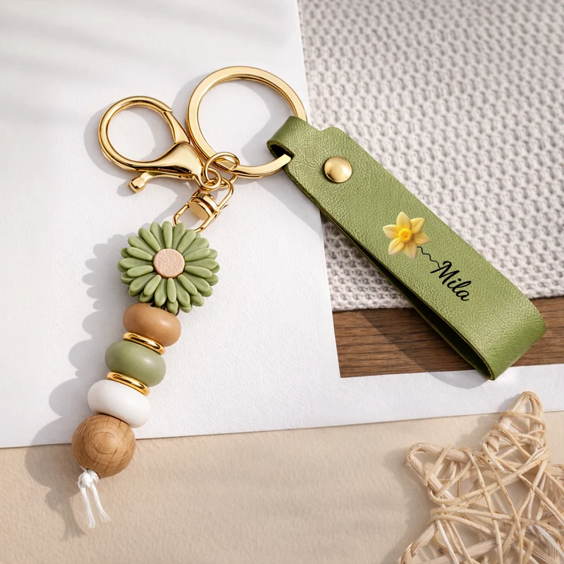 Name Und Blume - Personalisierte Geschenke Für Frauen | UV Druck Daisy Schlüsselanhänger Perlen