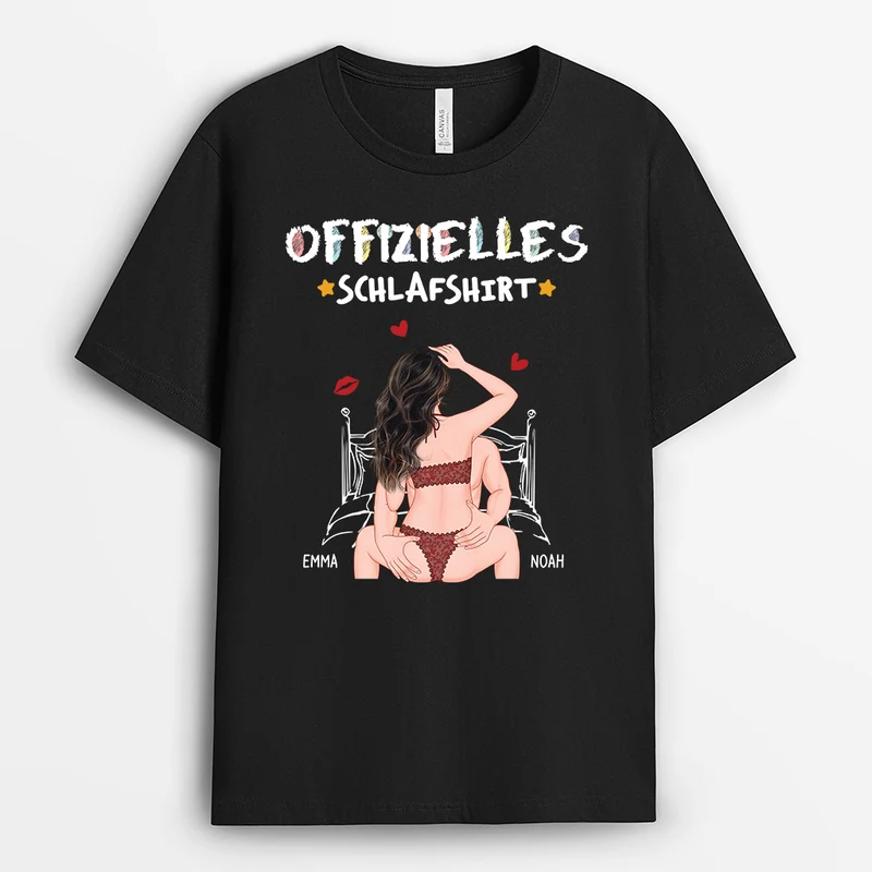 Offizielles Schlafshirt - Personalisierte Geschenke Paare | Schwarzes T Shirt Cartoon Buntstifte