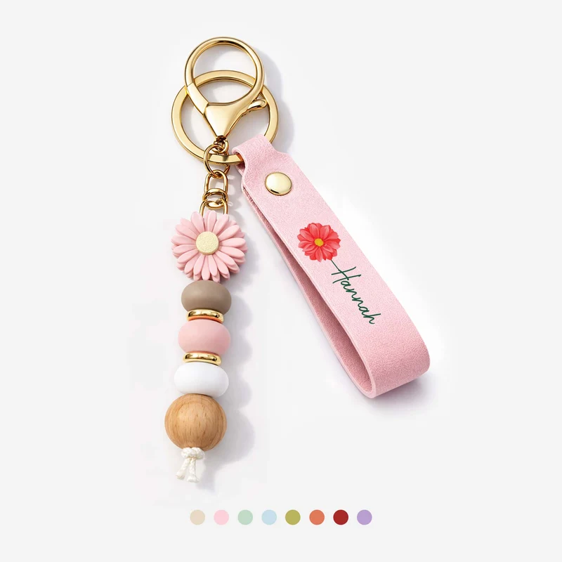 Blume + Name - Personalisierte Geschenke Für Frauen | UV Druck Daisy Schlüsselanhänger Perlen