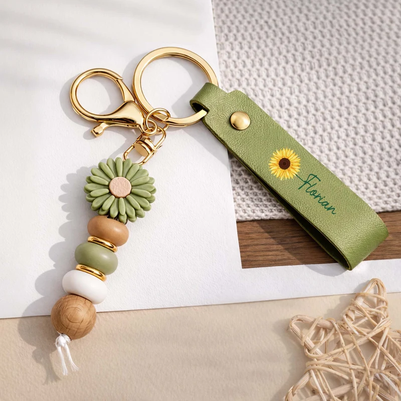 Blume + Name - Personalisierte Geschenke Für Frauen | UV Druck Daisy Schlüsselanhänger Perlen
