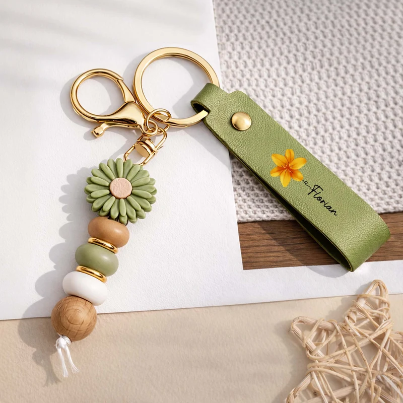 Name + Blume - Personalisiertes Geschenk Garten | UV Druck Daisy Schlüsselanhänger Perlen Mama/Oma