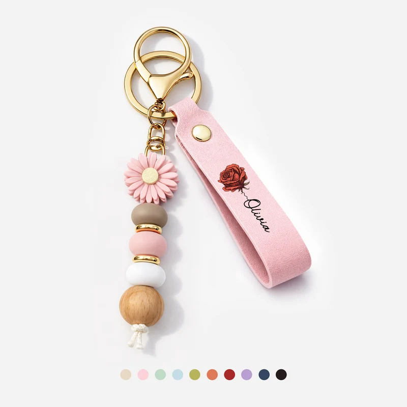 Name + Blume - Personalisierte Geschenke Für Frauen | UV Druck Daisy Schlüsselanhänger Perlen