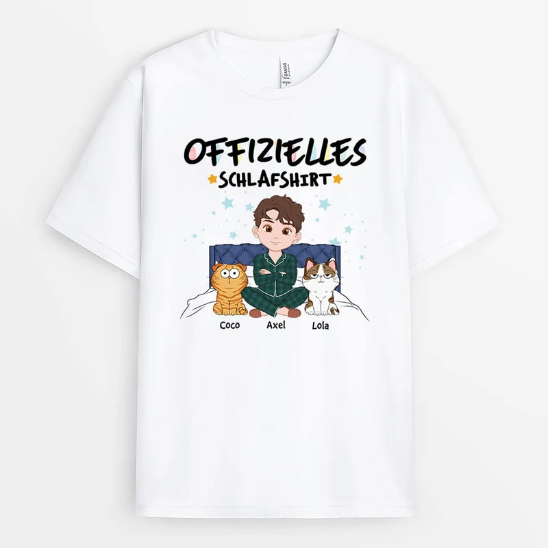 Offizielles Schlafshirt Der Mensch Und Katzen Setzen Sich Auf Das Bett - Personalisiertes Geschenk | T-Shirt für Katzenliebhaber