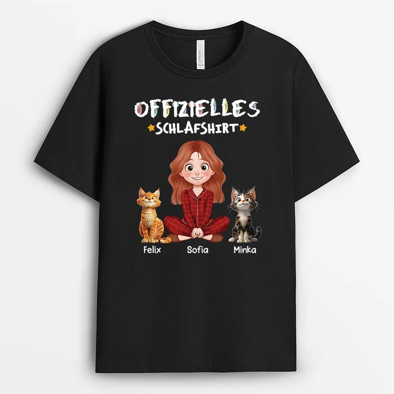 Offizielles Schlafshirt Katze - Personalisierte Geschenke Katze | T-Shirt Cartoon Buntstifte