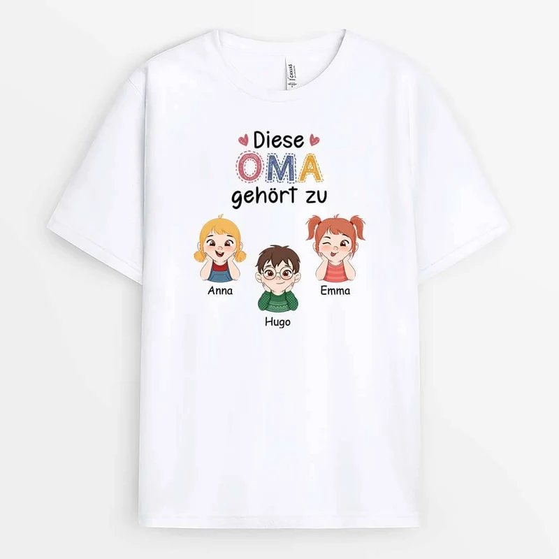 Diese Oma Gehört Zu - Personalisiertes Geschenk | T-Shirt für Omas mit Kinder-Cartoon und Schriftzug in bunten Farben