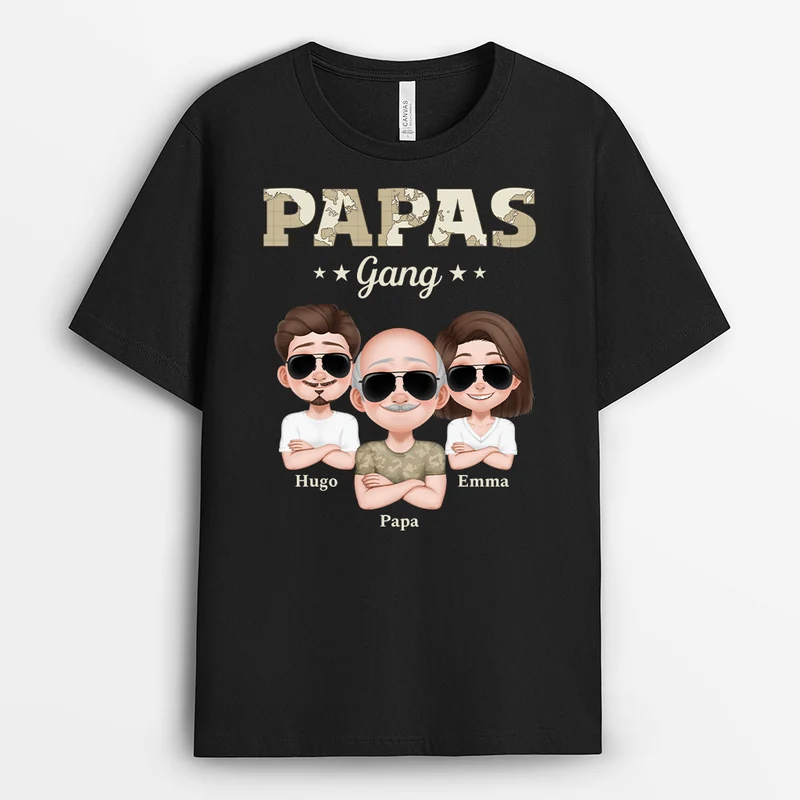 Papas Gang Erwachsene Kinder Weltkarte Armeemuster - Personalisiertes Geschenk | Schwarzes T Shirt Papa