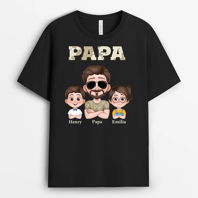 Papas Gang Kinder Weltkarte Armeemuster - Personalisiertes Geschenk | T Shirt Papa